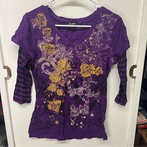Southpole Purple Gothic Cross Design Mid/Half Sleeve Women’s large shirt blouse